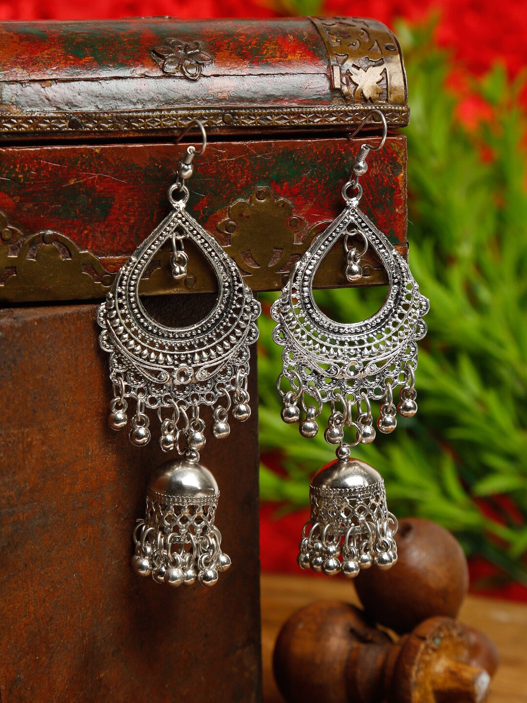 

Dhrohar Silver-Plated Oxidised Contemporary Drop Earrings