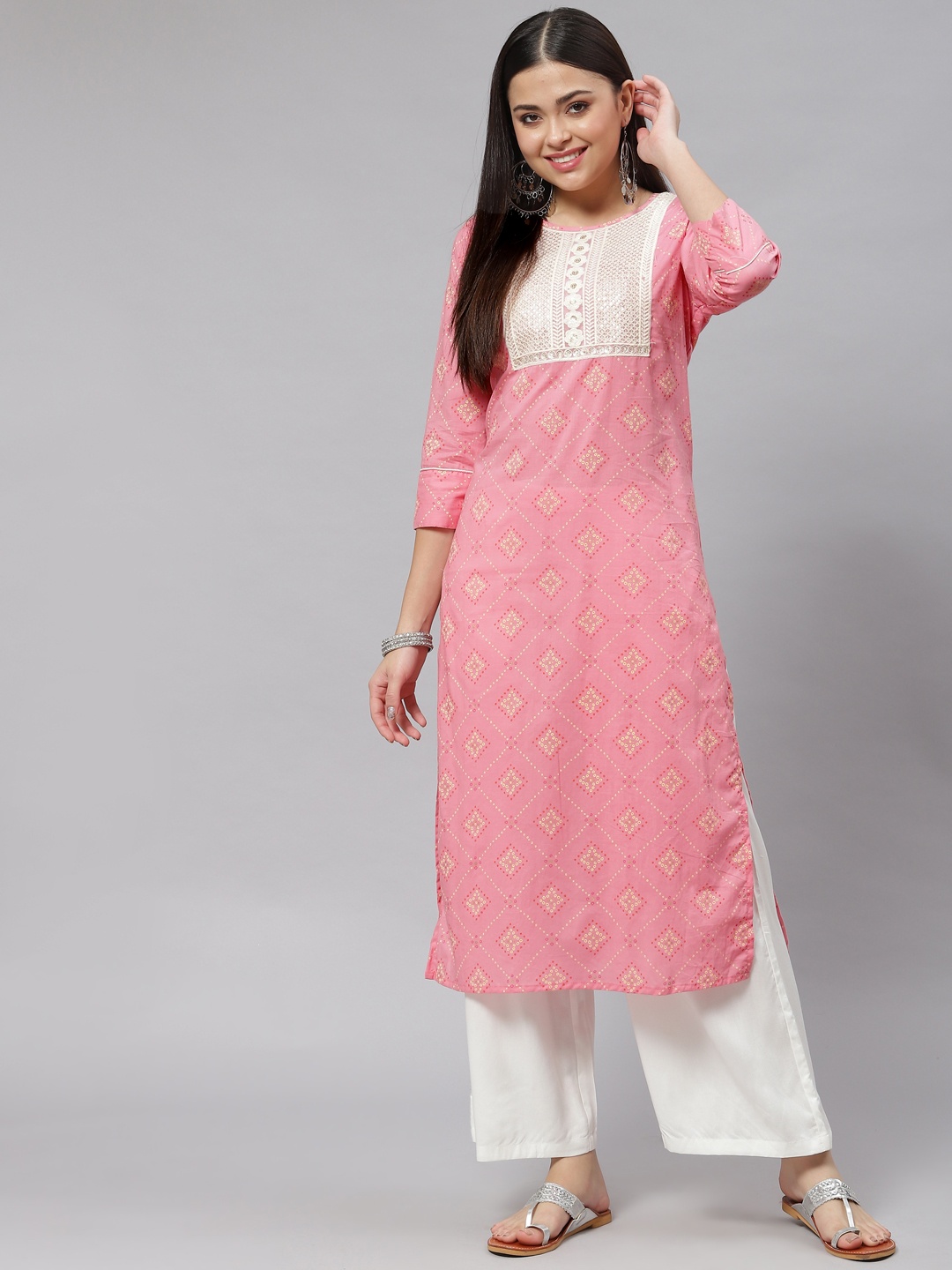 

mokshi Women Pink Bandhani Print Sequinned Kurta with Palazzos