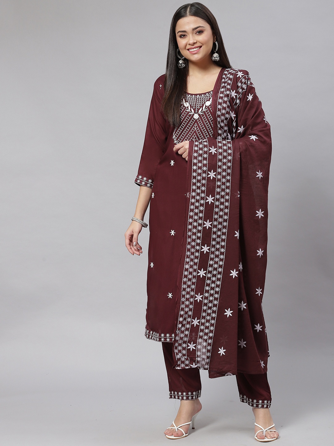 

mokshi Women Brown Ethnic Motifs Embroidered Kurta with Trousers & Dupatta