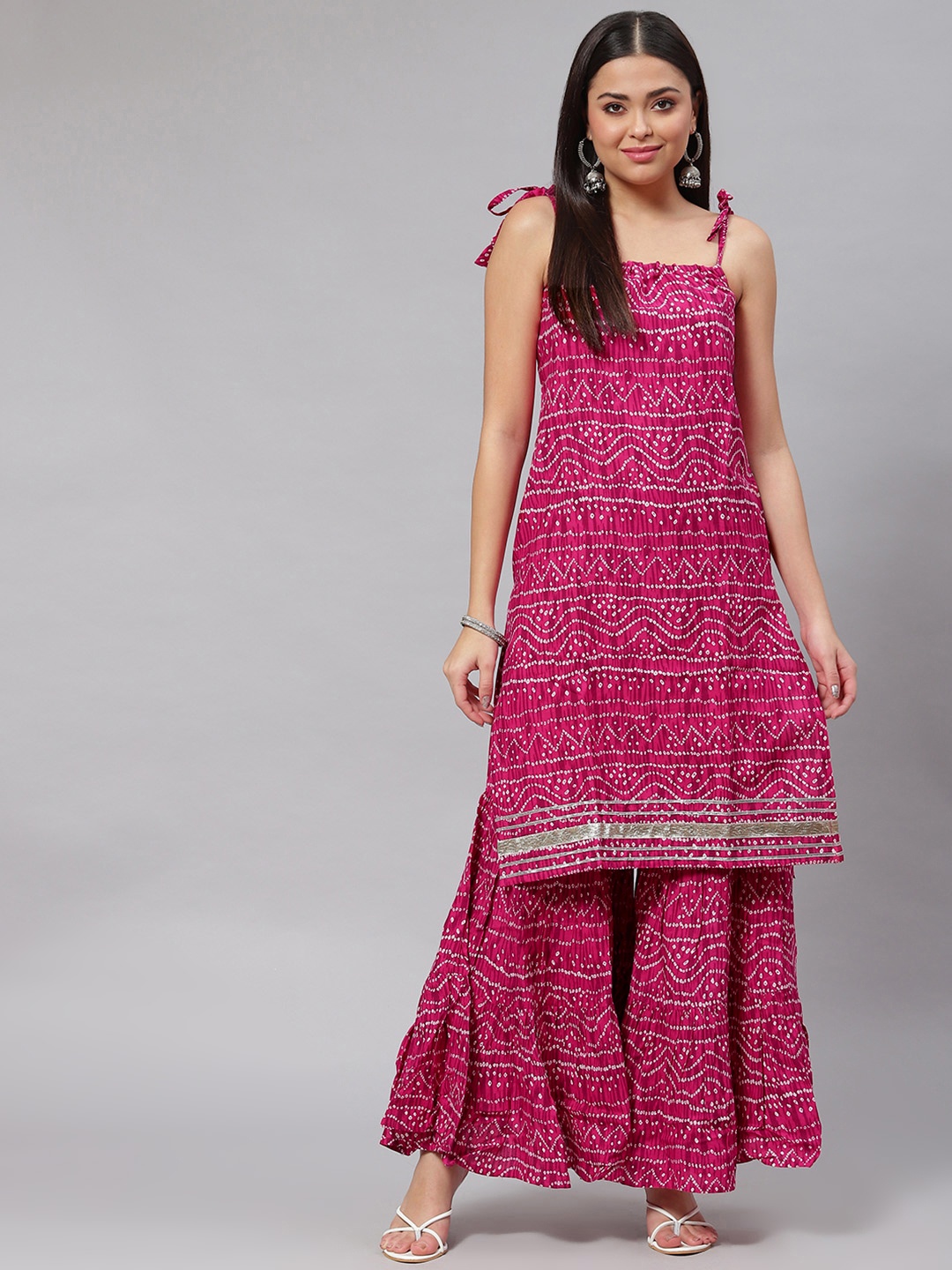 

mokshi Women Pink Bandhani Printed Kurta with Sharara