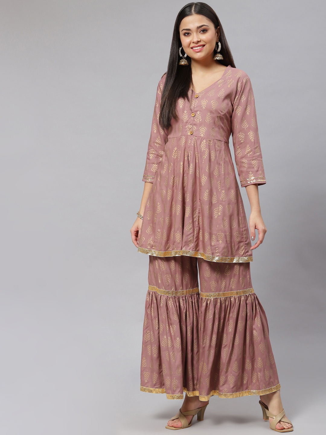 

mokshi Women Brown Ethnic Motifs Printed Panelled Kurti with Sharara