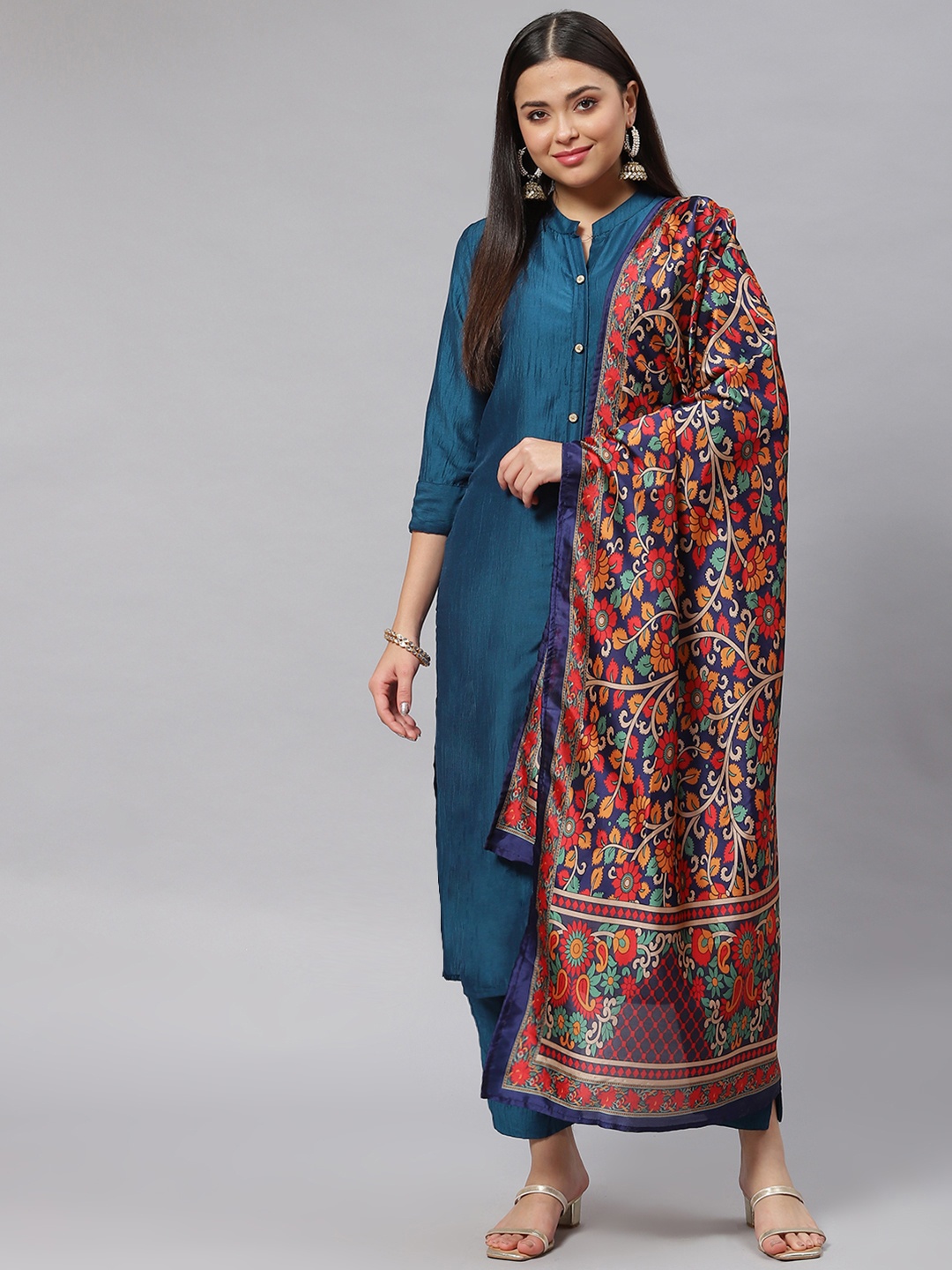

mokshi Women Teal Blue Pure Silk Kurta with Trousers & Dupatta