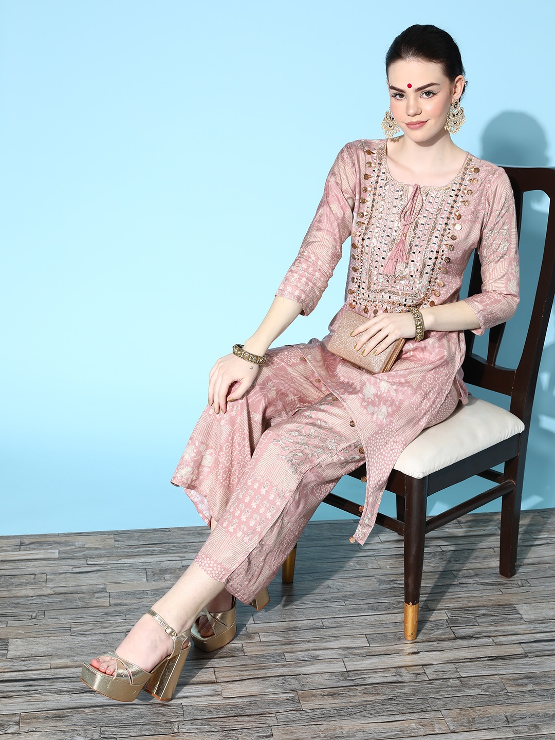 

ZOLA Women Pink Floral Printed Mirror Work Kurta with Palazzos