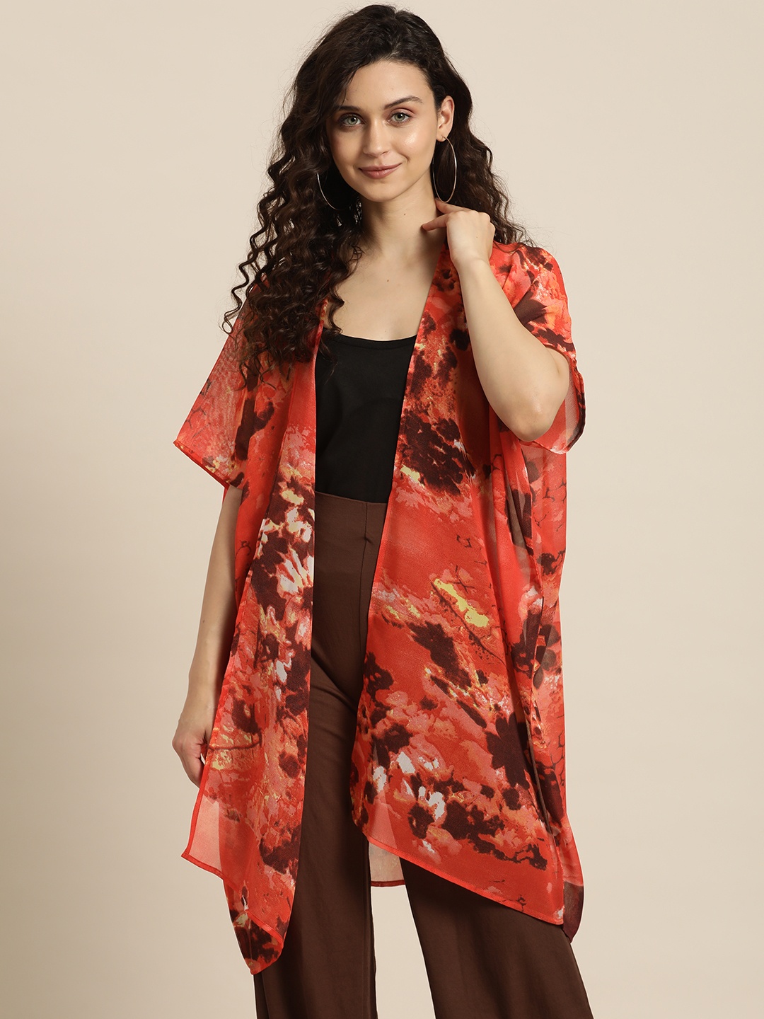 

Qurvii Women Red Printed Longline Shrug