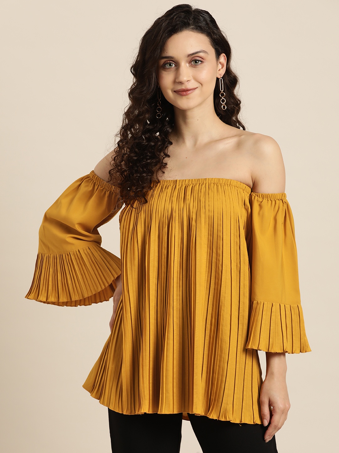 

Qurvii Women Mustard Yellow Off-Shoulder Crepe Flared Sleeves Bardot Top