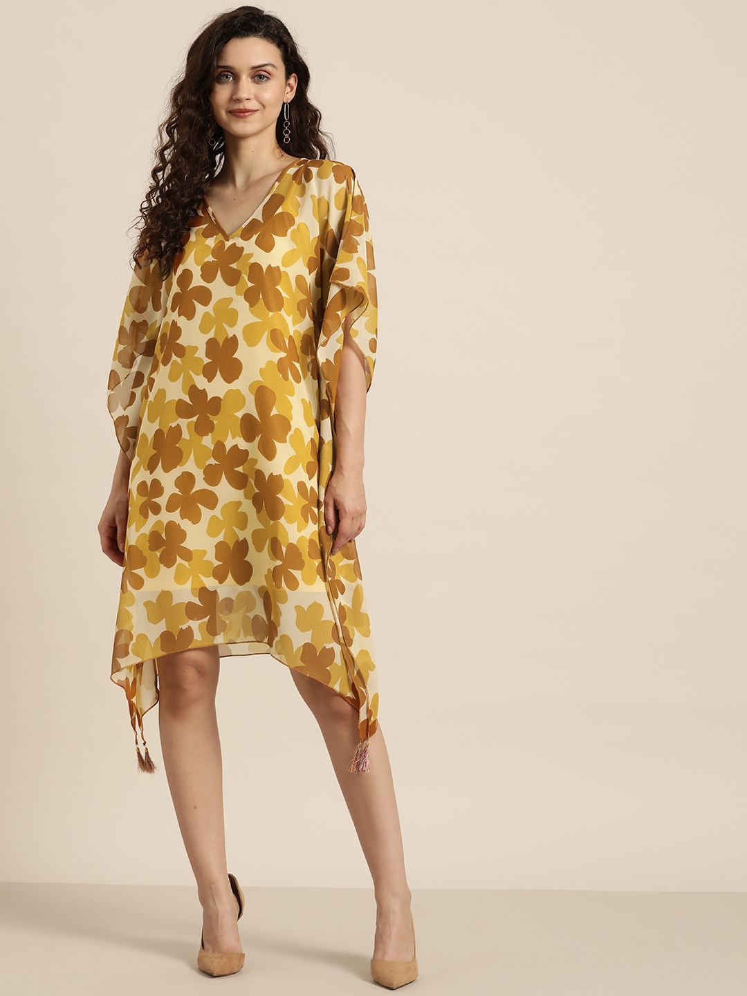 

Qurvii Mustard Yellow Floral Georgette Kaftan Dress