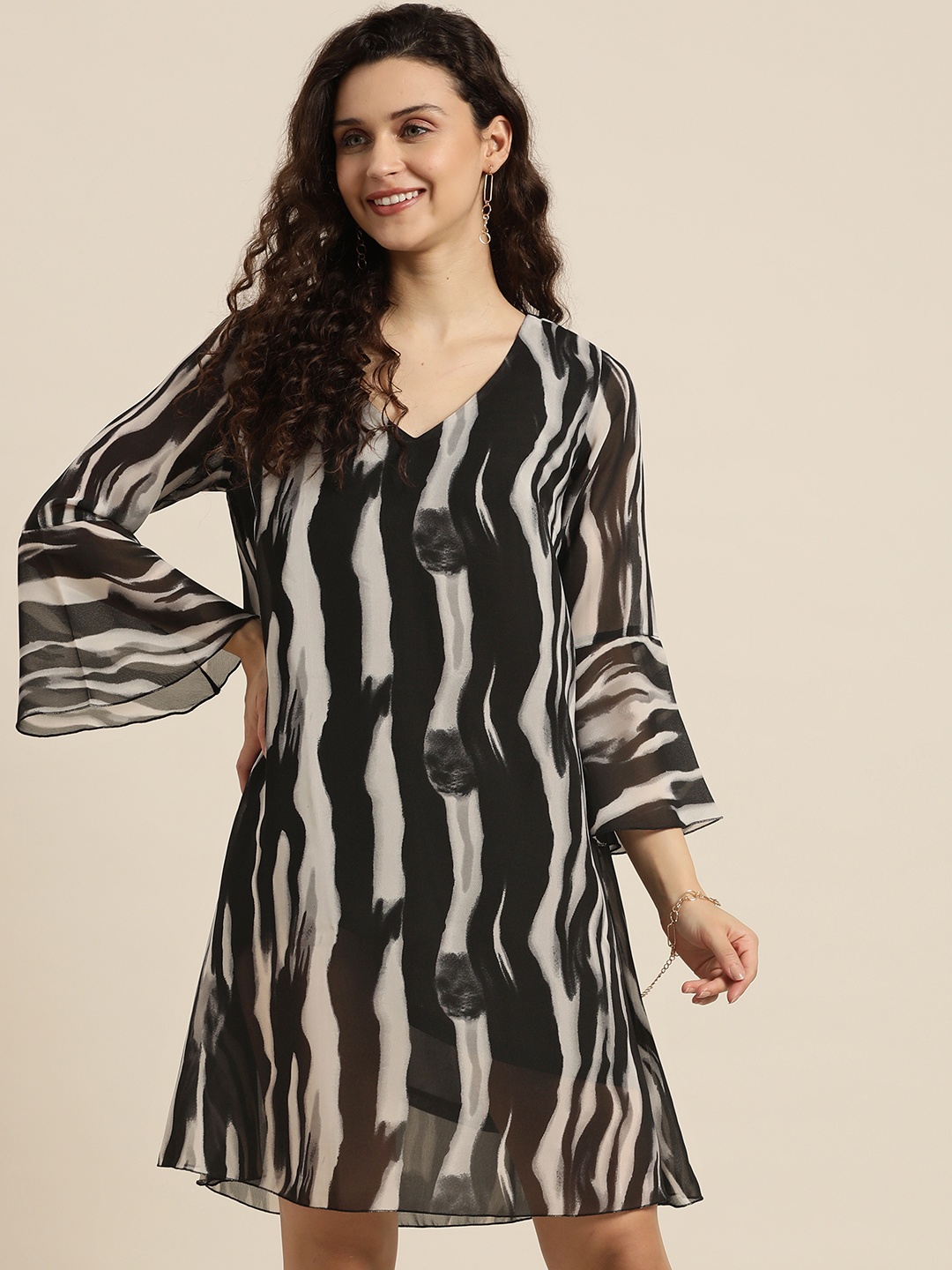 

Qurvii Black Georgette Abstract Printed A-Line Dress