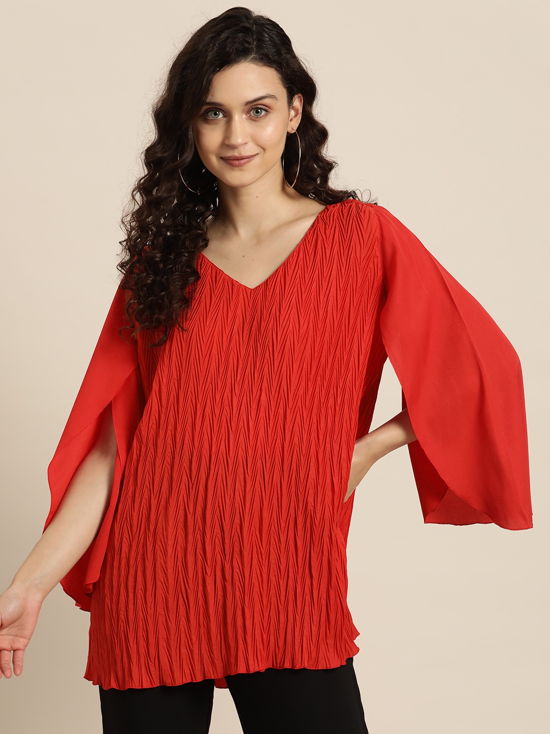 

Qurvii Women Red Crepe Cape Sleeves Pleated Cape Top