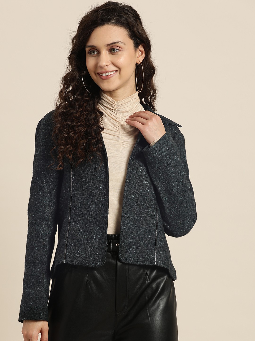 

Qurvii Women Black Outdoor Open Front Jacket