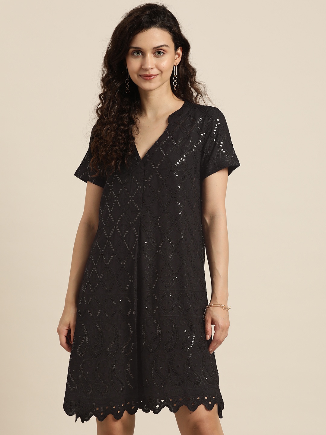 

Qurvii Black Sequined Embroidered A-Line Dress