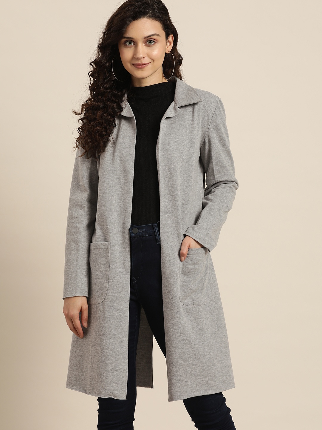 

Qurvii Women Grey Fleece Longline Open Front Jacket
