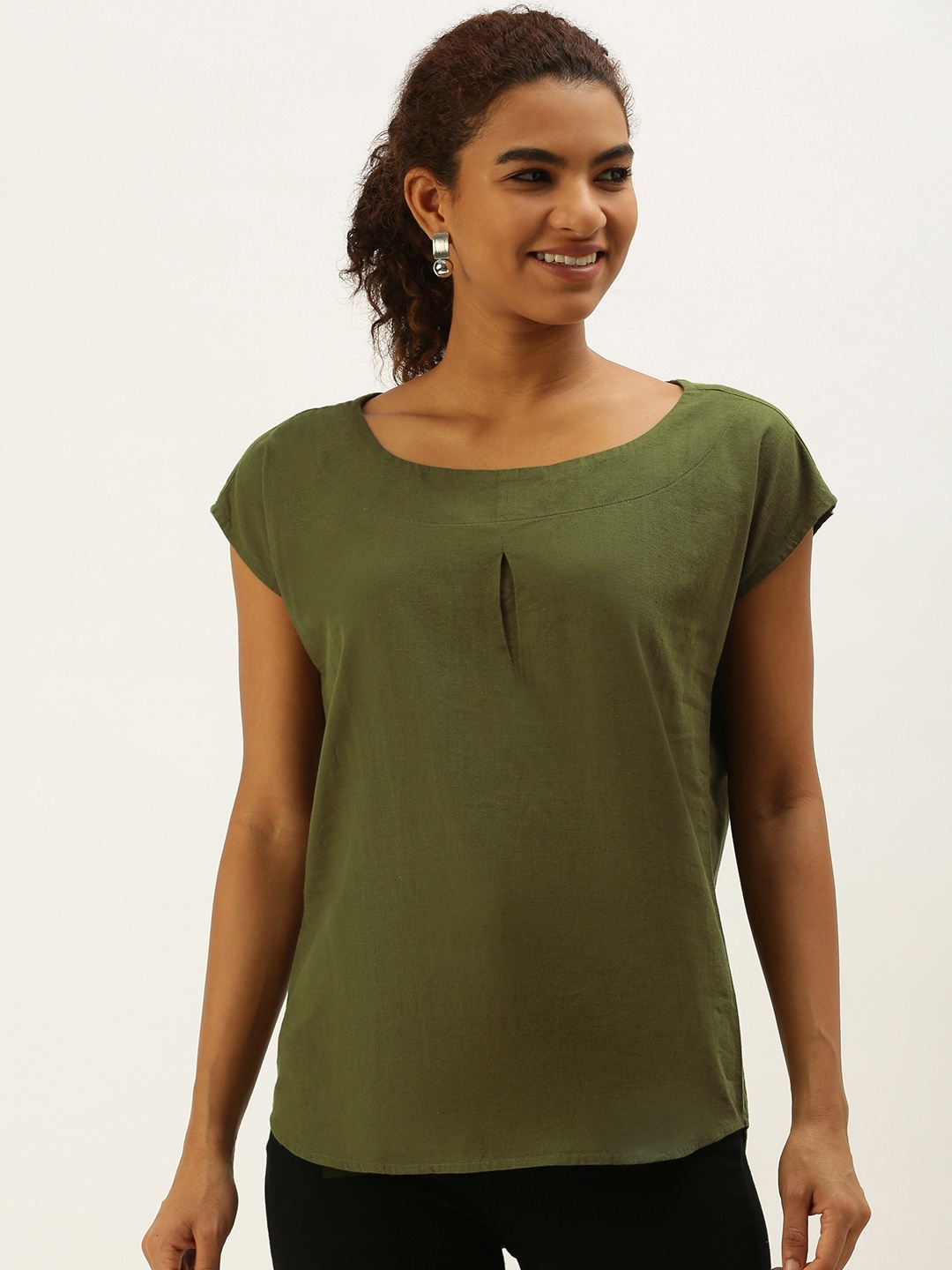 

IVOC Olive Green Solid Pure Cotton Linen Top