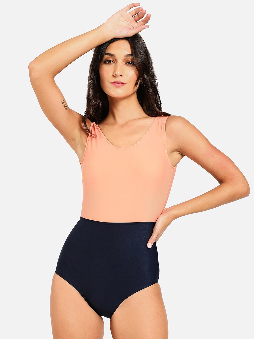 

HAUTE SAUCE by Campus Sutra Women Peach-Coloured & Black One-Piece Swimsuit