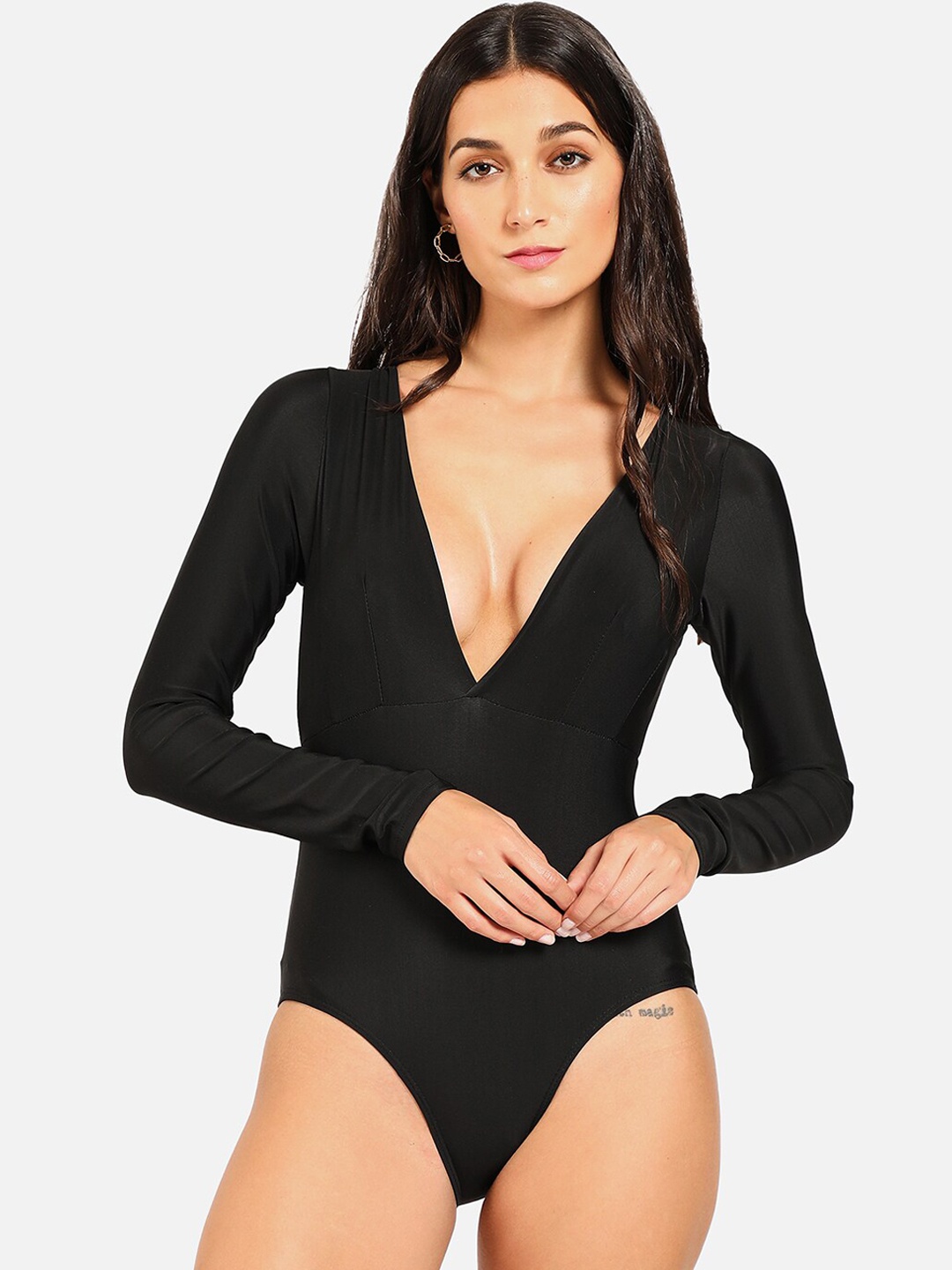 

HAUTE SAUCE by Campus Sutra Women Black Solid Plunge Body Swimsuit