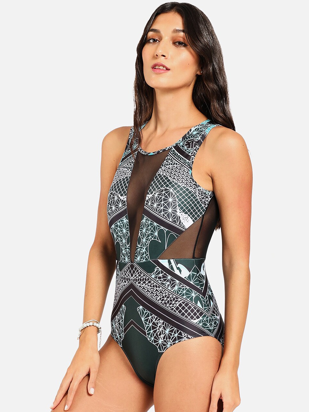 

HAUTE SAUCE by Campus Sutra Women Black & White Printed Plunge Body Swimsuit