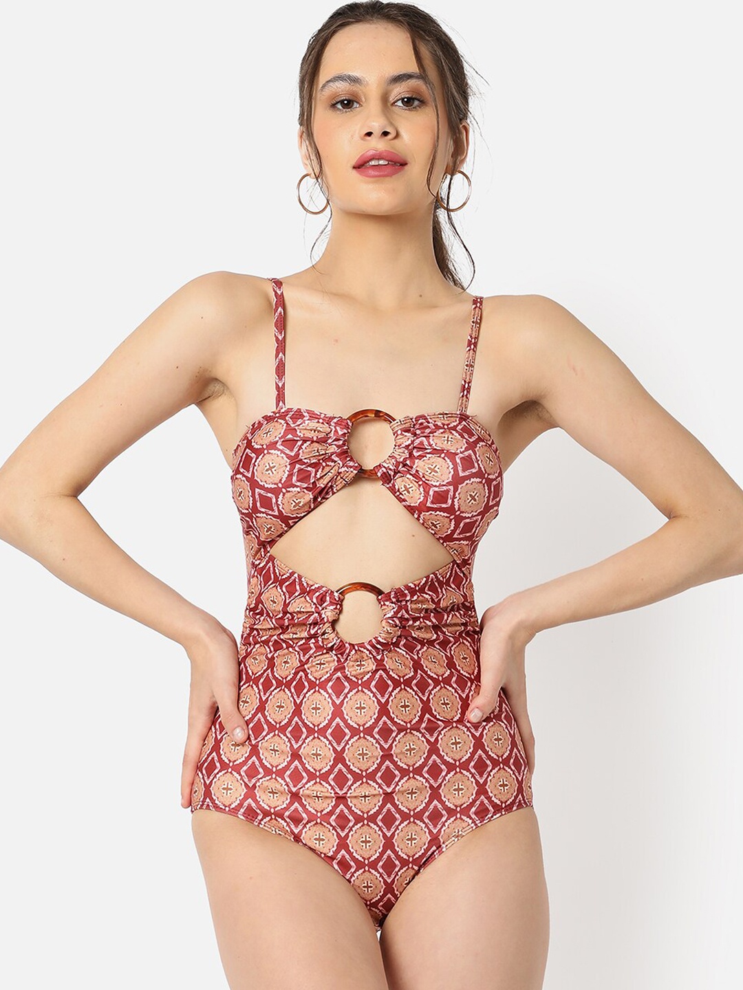 

HAUTE SAUCE by Campus Sutra Women Red & Beige Printed Cut-Out Swimsuit