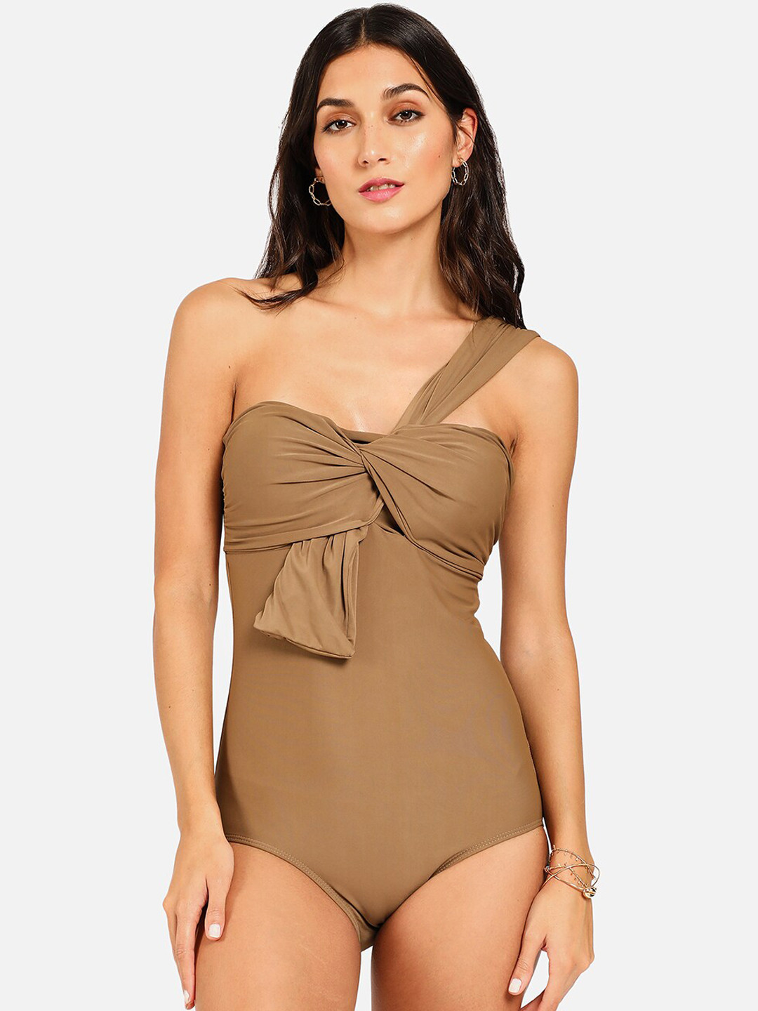

HAUTE SAUCE by Campus Sutra Women Khaki-Coloured Solid Swimsuit