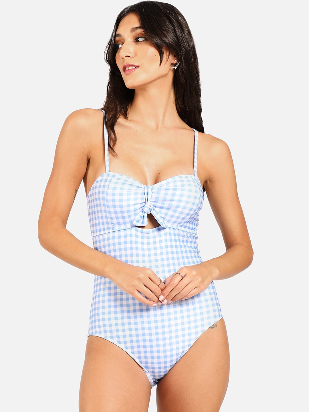 

HAUTE SAUCE by Campus Sutra Women Blue Checked One-Piece Swimsuit