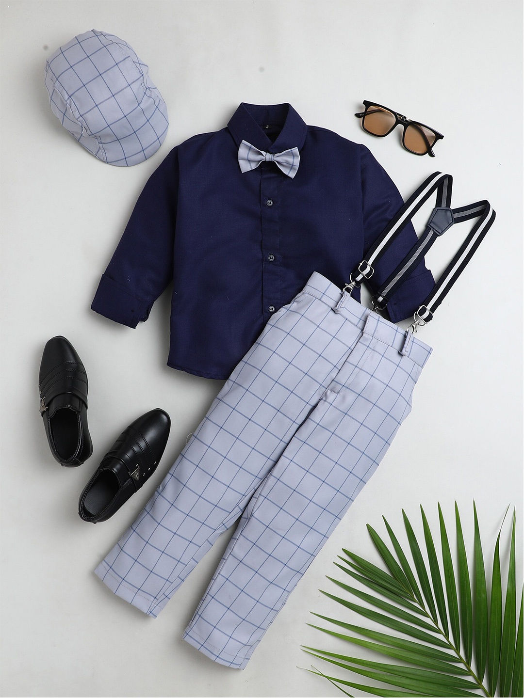 

Jeetethnics Boys Navy Blue & Grey Shirt & Trouser With Suspenders