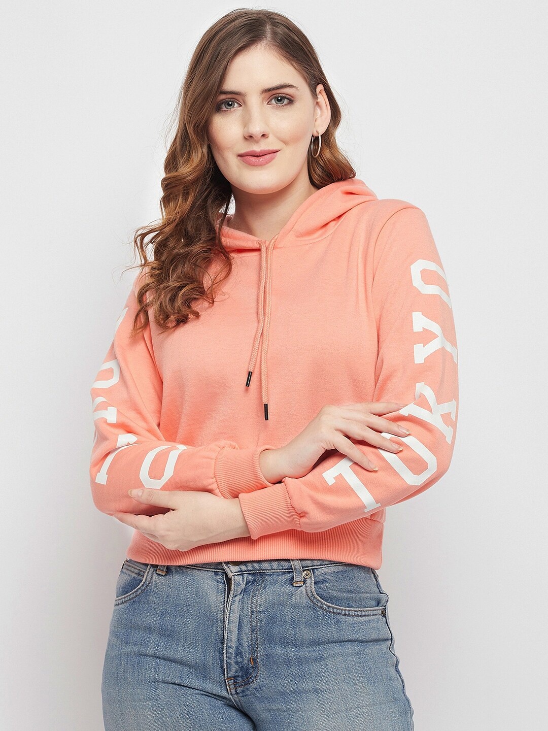 

FRAUTICA Women Peach-Coloured Solid Hooded Sweatshirt