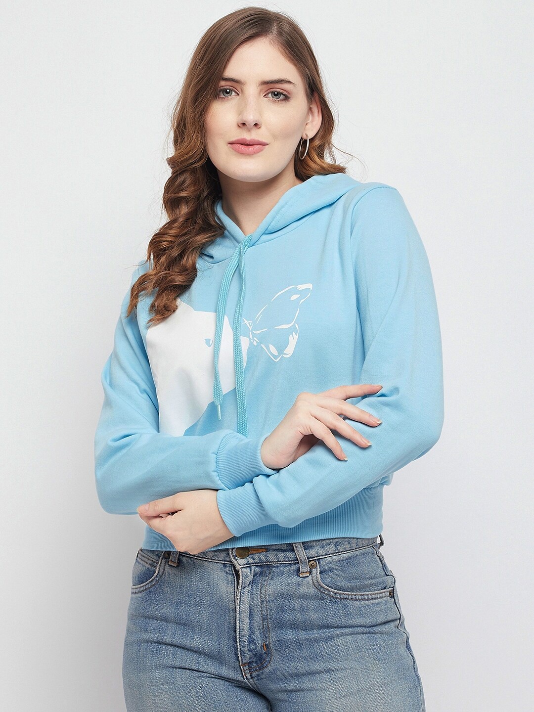 

FRAUTICA Women Blue Printed Hooded Sweatshirt