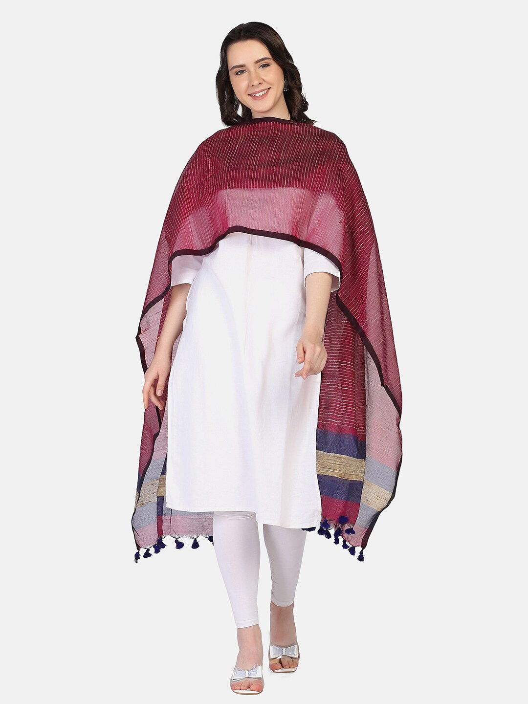 

THE WEAVE TRAVELLER Magenta & Blue Striped Dupatta With Tasselle