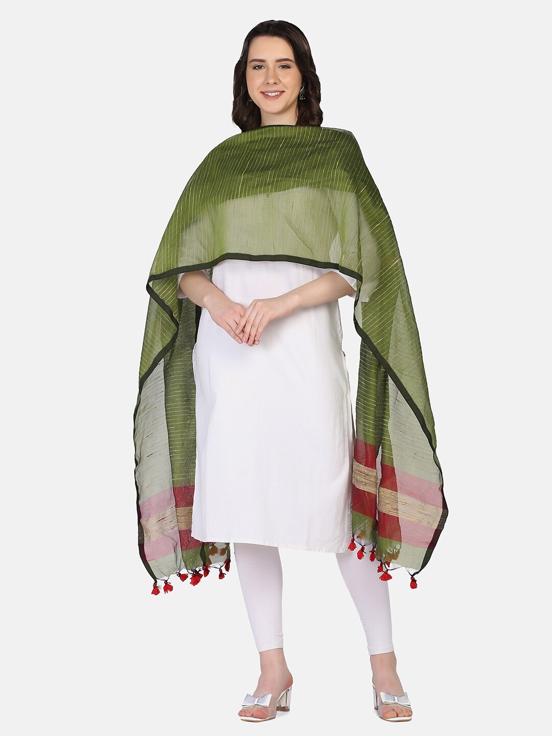 

THE WEAVE TRAVELLER Green & Red Striped Dupatta With Tasselled Edgings