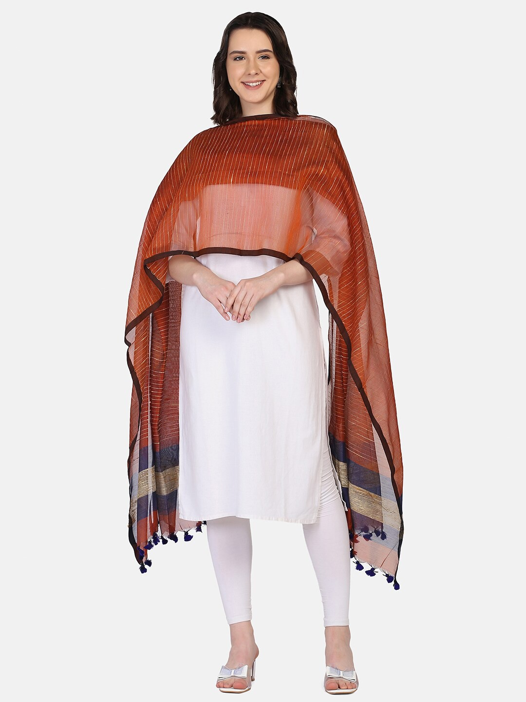 

THE WEAVE TRAVELLER Rust & Blue Striped Dupatta With Tasselled Border