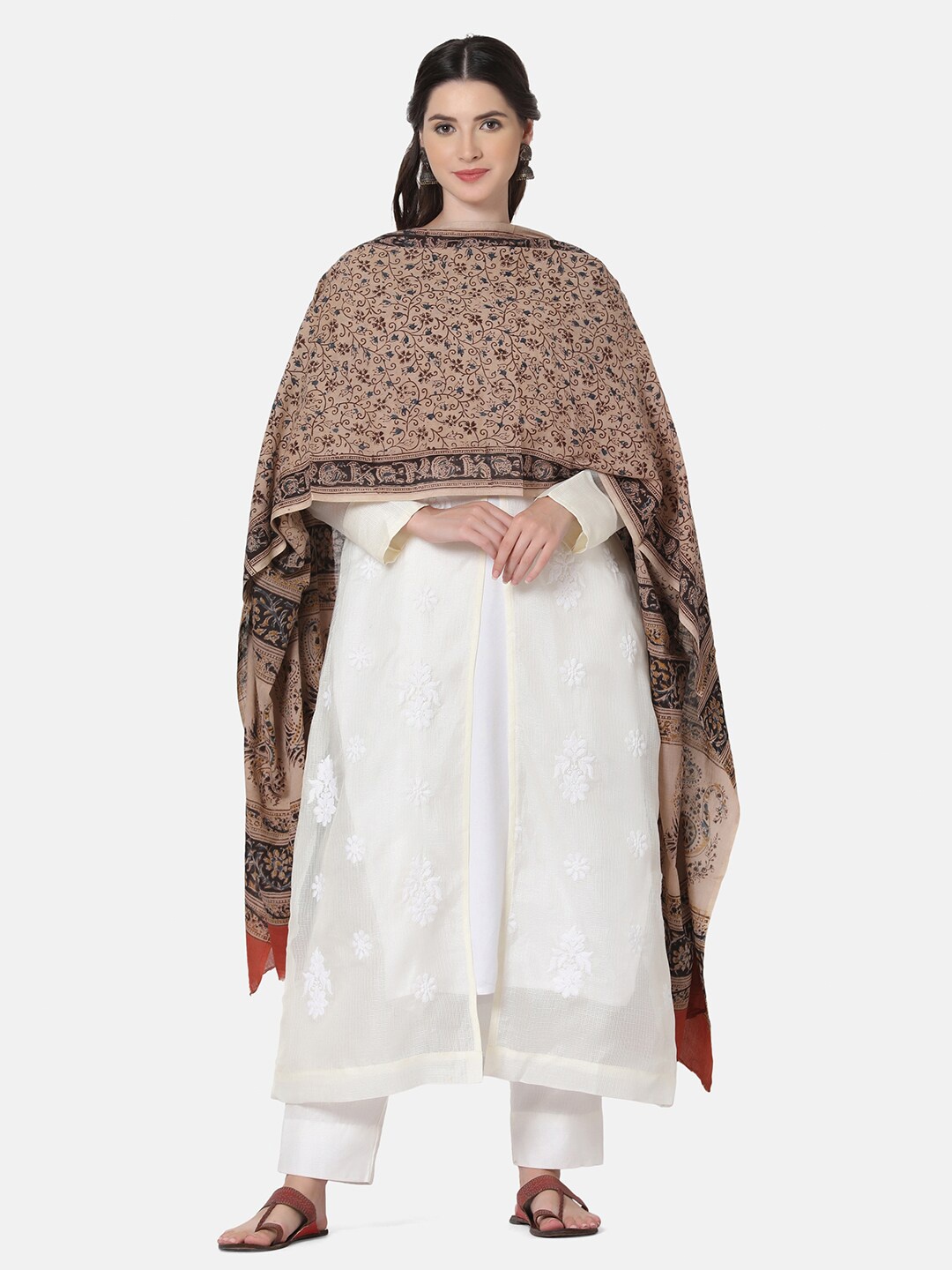 

THE WEAVE TRAVELLER Beige & Red Printed Pure Cotton Kalamkari Dupatta