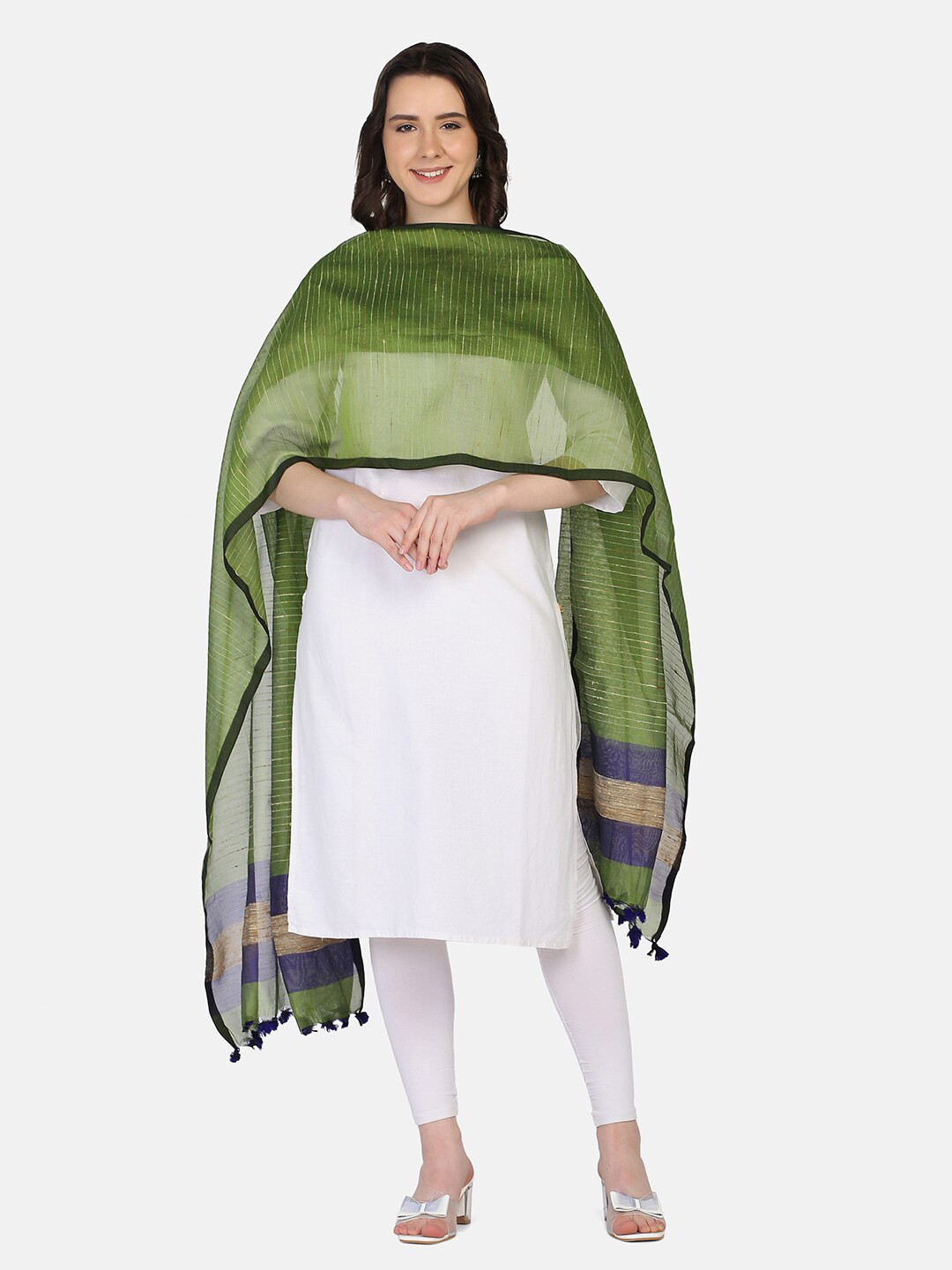 

THE WEAVE TRAVELLER Green & Blue Striped Dupatta With Tasselled Border