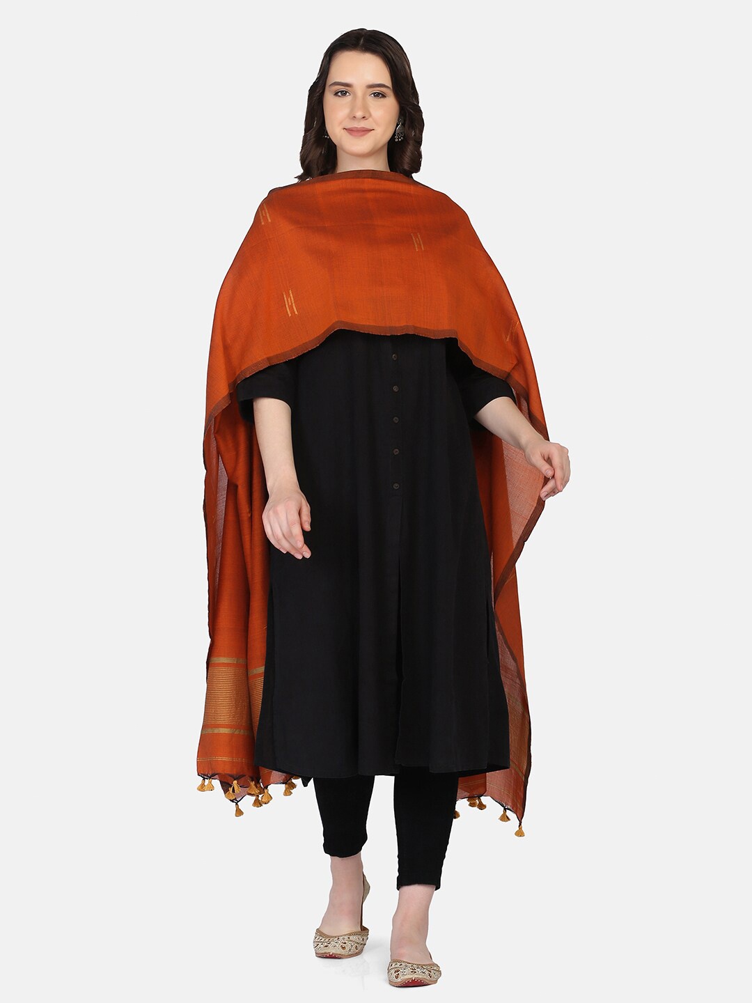 

THE WEAVE TRAVELLER Rust & Beige Woven Design Pure Cotton Dupatta