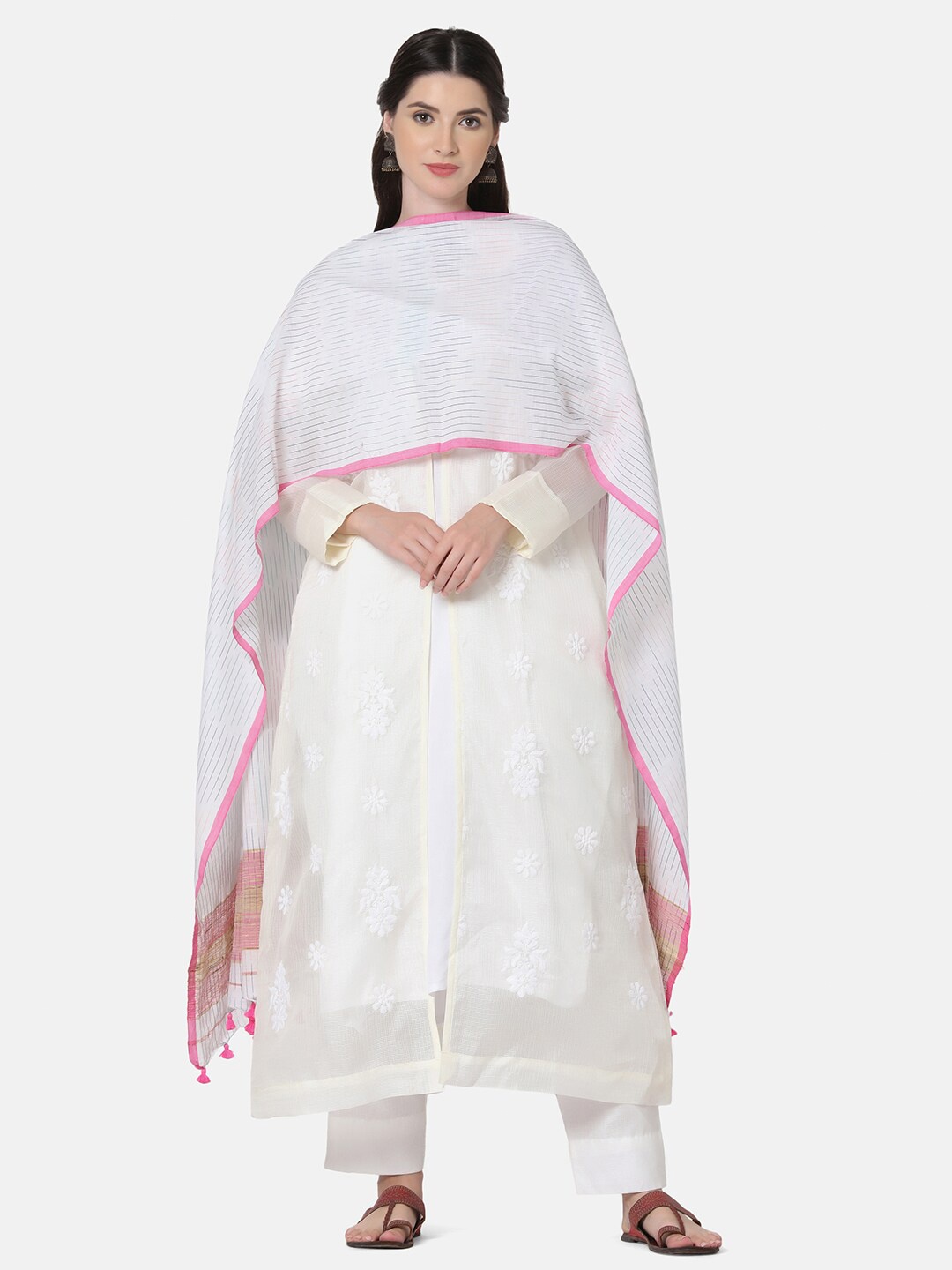 

THE WEAVE TRAVELLER White & Pink Striped Woven Design Pure Cotton Dupatta