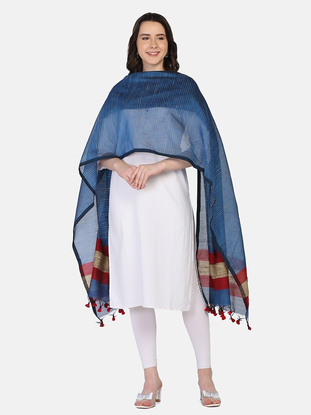 

THE WEAVE TRAVELLER Blue & Red Striped Dupatta With Solid Border