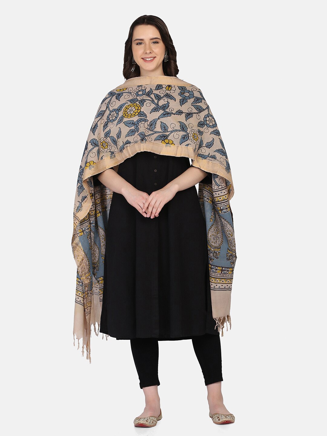 

THE WEAVE TRAVELLER Blue & Cream-Coloured Ethnic Motifs Printed Pure Cotton Kalamkari Dupatta with Zari