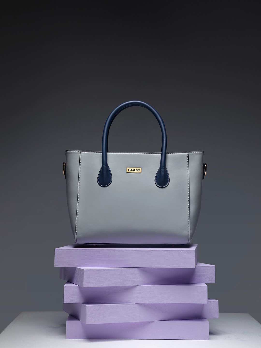 ESTALON Grey & Navy Blue Shopper Handheld Bag