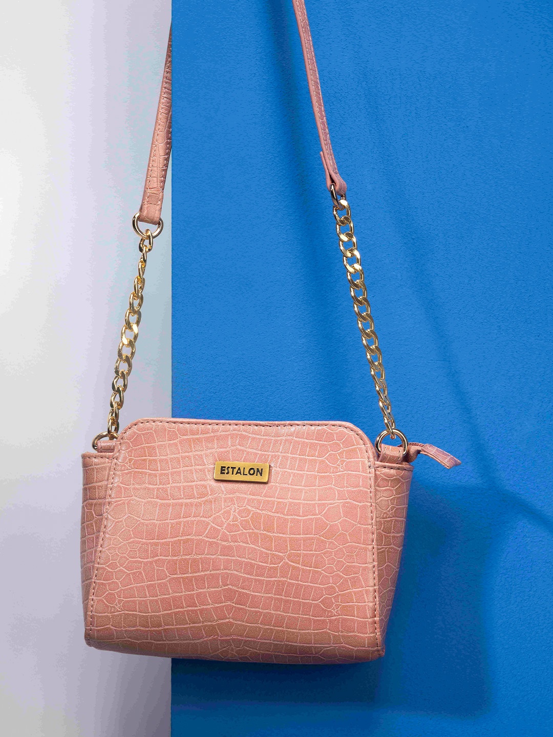 

ESTALON Pink Textured PU Structured Sling Bag with Chain Strap