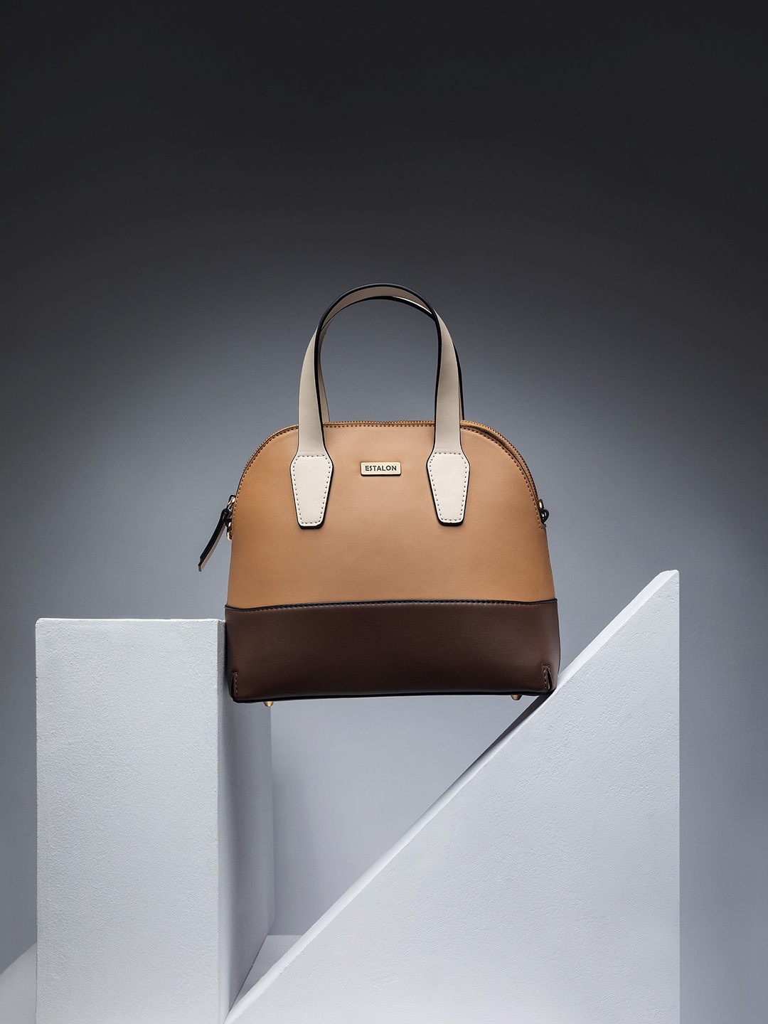 

ESTALON Beige & Brown Colourblocked Structured Handheld Bag