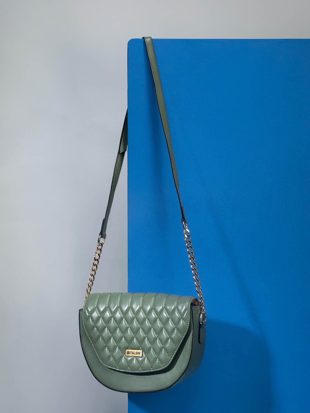 

ESTALON Green Quilted Half Moon Sling Bag