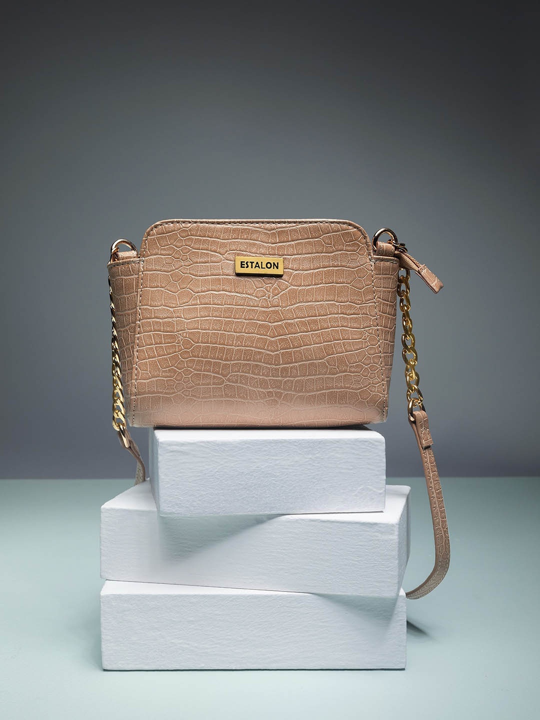 

ESTALON Textured Structured Shoulder Bag with Chain Strap Handbags, Beige