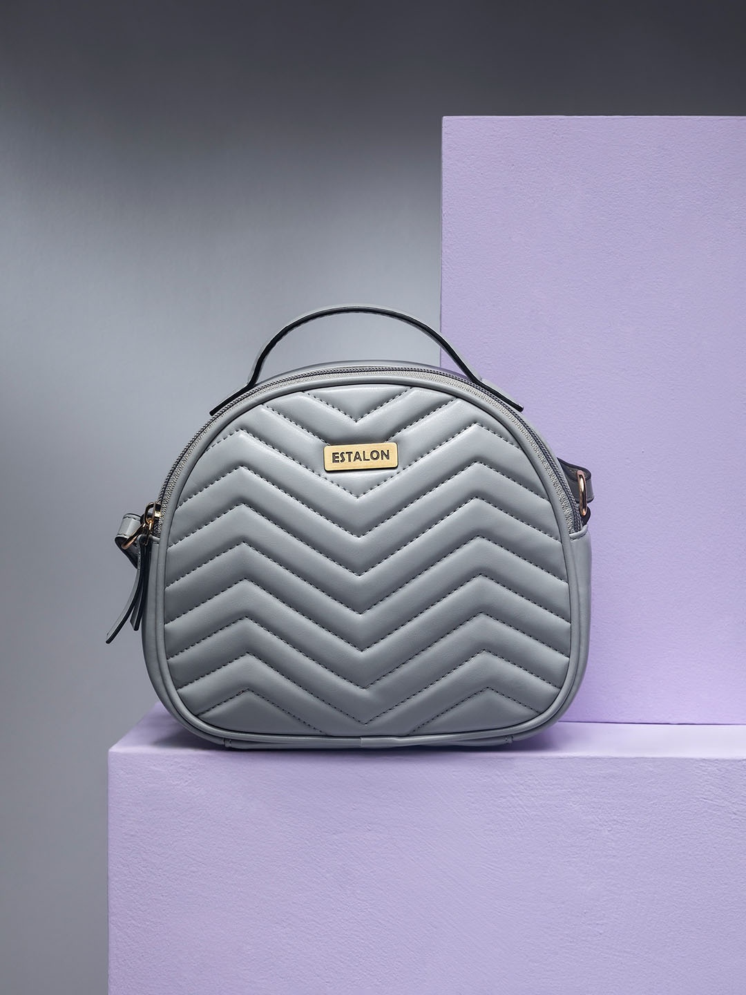 

ESTALON Grey PU Structured Round Sling Bag with Chevron Quilted