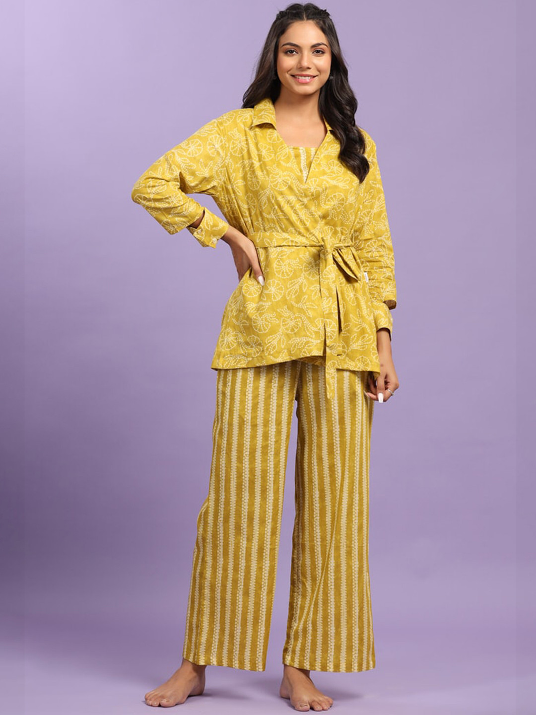 

JISORA Women Mustard Yellow Printed Pure Organic Cotton Co-Ords