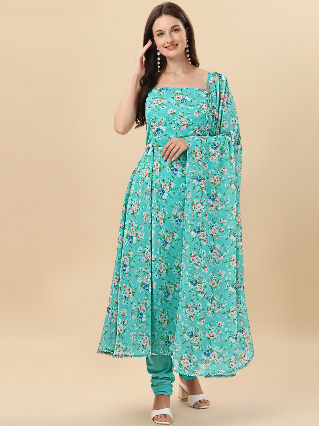 

Virah Fashion Women Green Floral Printed Pleated Kurta with Churidar & With Dupatta