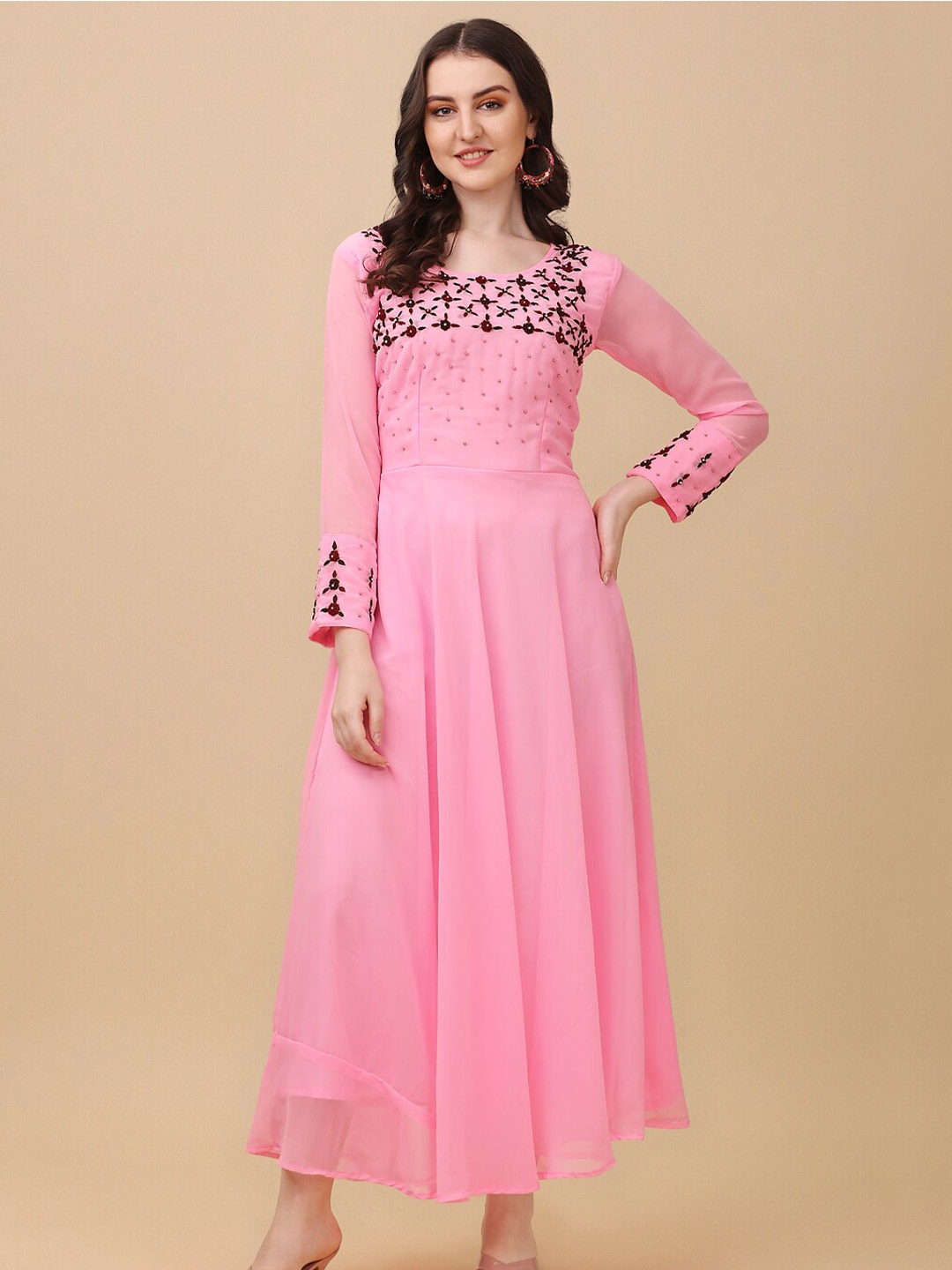 

Vidraa Western Store Pink Floral Embroidered Georgette Maxi Dress