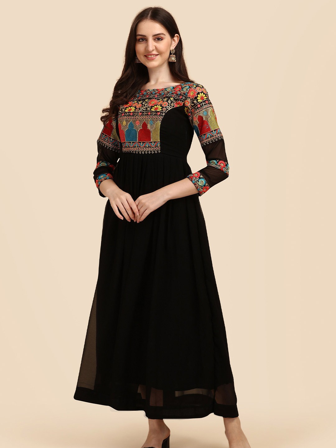 

Vidraa Western Store Black Ethnic Motifs Embroidered Georgette Maxi Dress