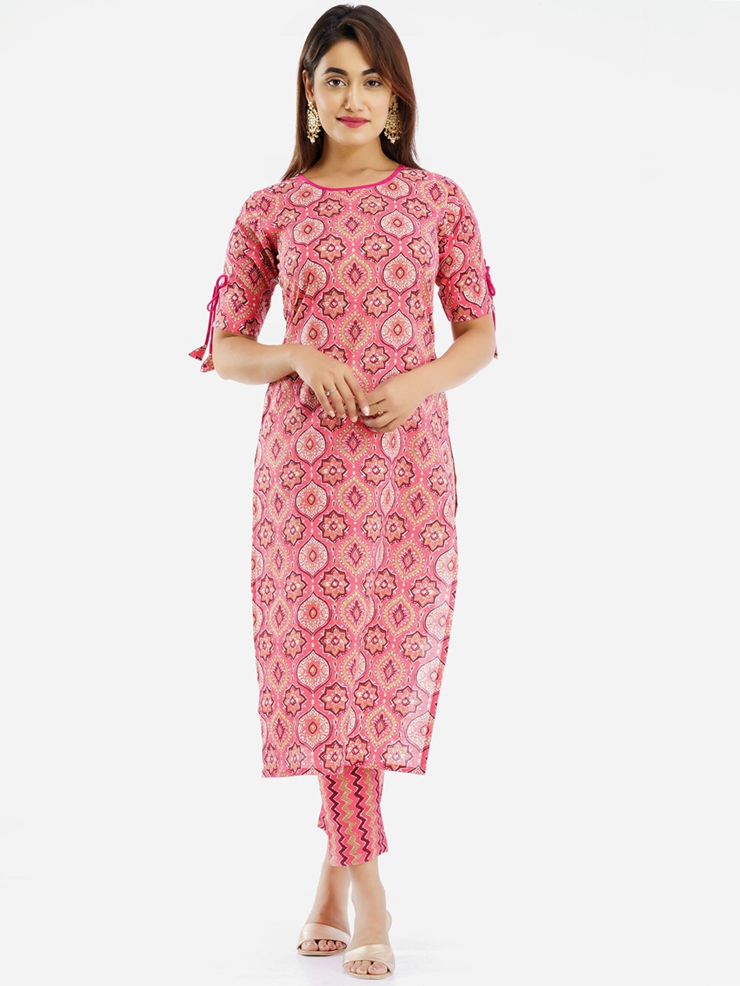 

PARCHHAI Women Pink Printed Pure Cotton Kurta with Trousers