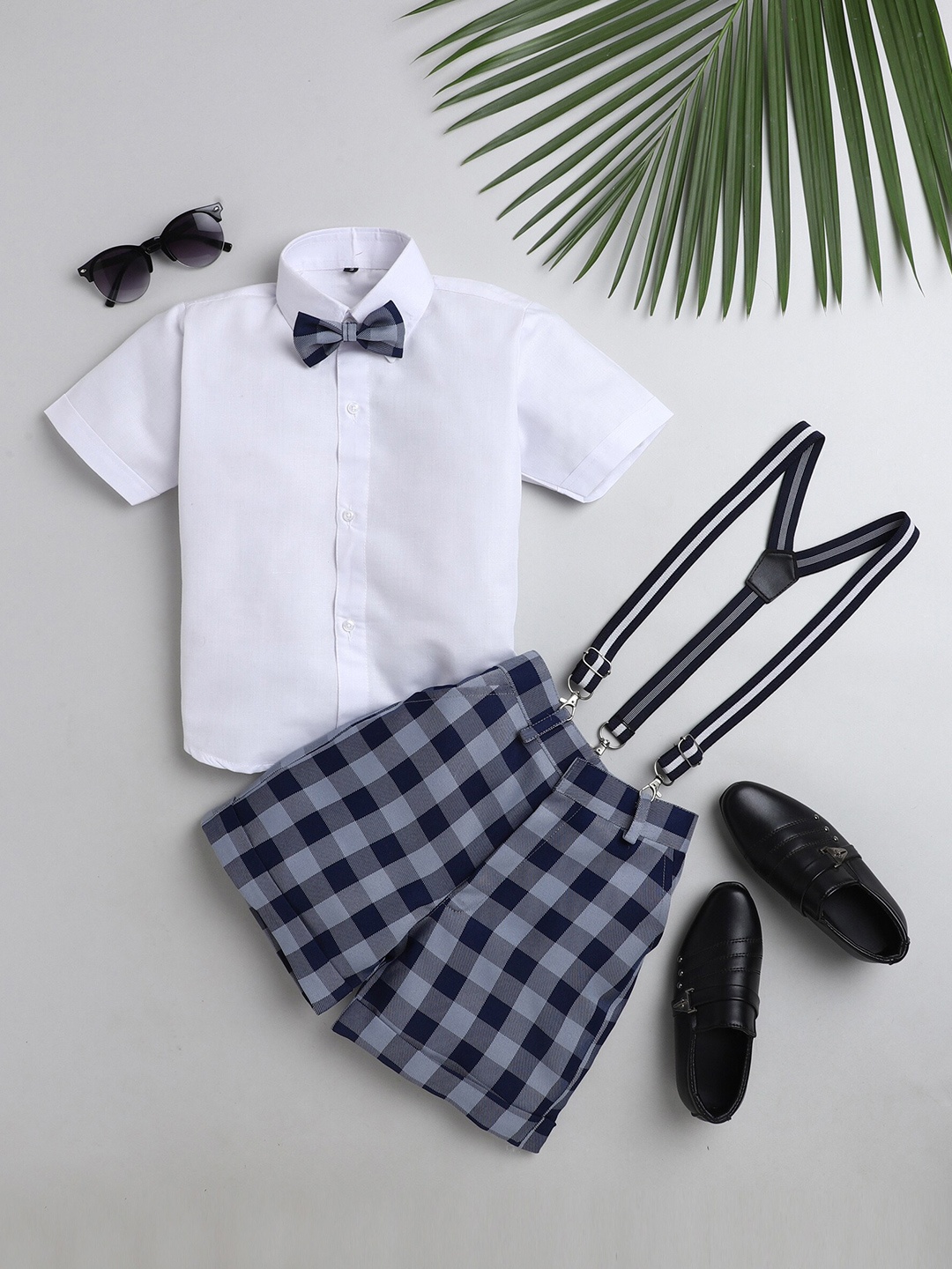 

Jeetethnics Boys Navy Blue & White Shirt & Shorts With Suspenders