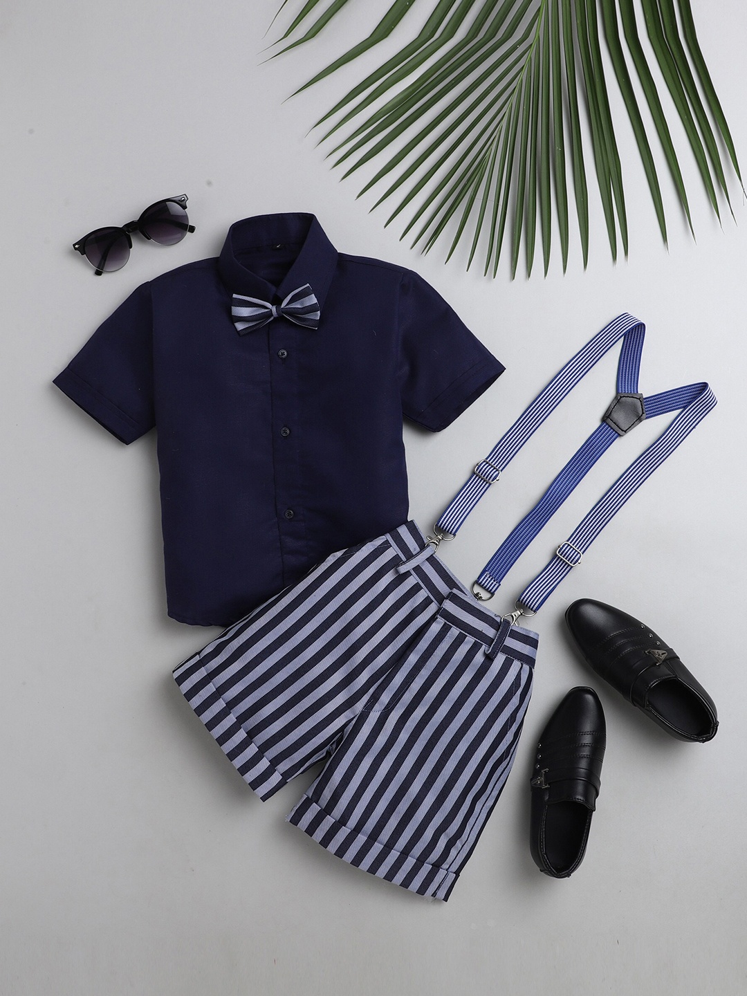 

Jeetethnics Boys Navy Blue & White Shirt & Shorts With Suspenders