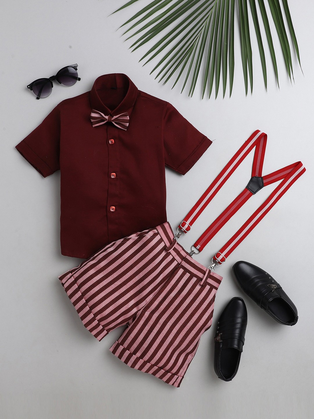 

Jeetethnics Boys Maroon & Pink Shirt & Shorts With Suspenders