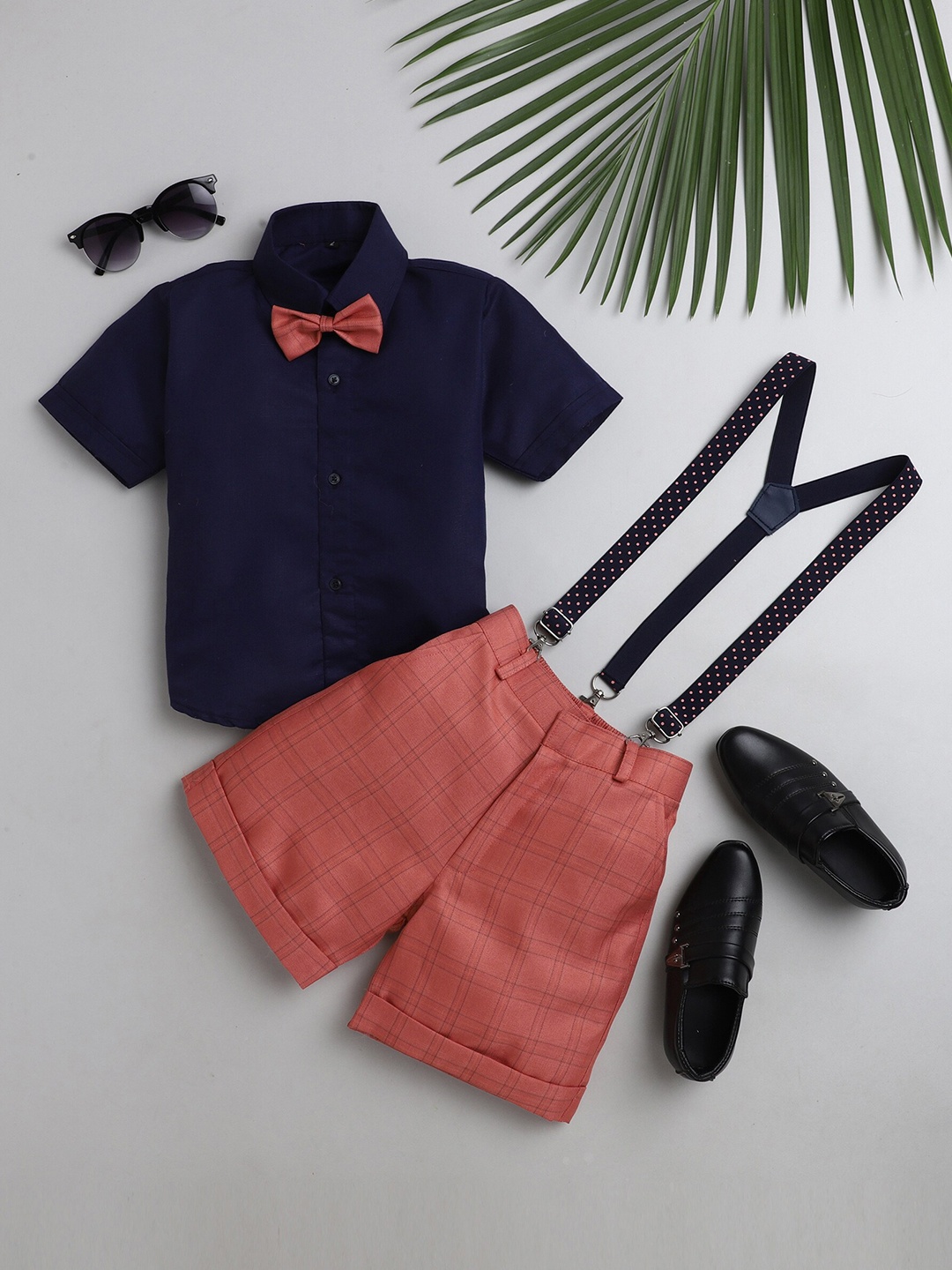 

Jeetethnics Boys Peach-Coloured & Navy Blue Shirt & Shorts With Suspenders
