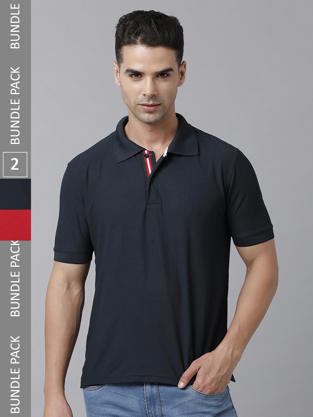 

MADSTO Men Red & Black Polo Collar Slim Fit T-shirt Pack of 2